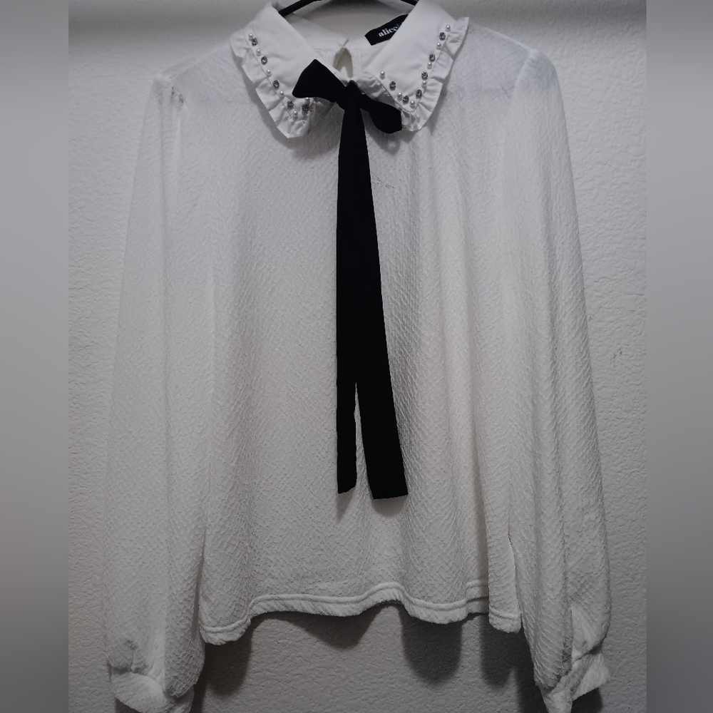 Alice Blue White Blouse with Black Tie